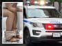 Composite shows an NYPD cruiser with its emergency lights on. Inset photo shows a woman's legs as she sits on a toilet.