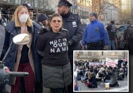 Composite shows two women being led by police as other protesters are being arrested in the background. Inset photo shows demonstrators sitting on Fifth Avenue in protest.