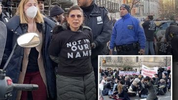 Composite shows two women being led by police as other protesters are being arrested in the background. Inset photo shows demonstrators sitting on Fifth Avenue in protest.