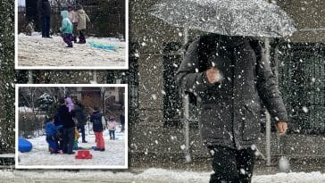 Composite shows a man walking with an umbrella in a snowstorm. Inset photos show kids dragging sleds up a snowy hill in Carl Schurz Park and their parents.