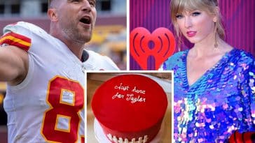 Composite shows Kansas City Chiefs Tight End Travis Kielce, singer Taylor Swift, and an angled view of a red cake on a white pedestal with frosted white stitches like a football and the phrase 'Just here for Taylor' written in script in white frosting on top.