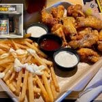 Composite shows a tray of chicken wings, french fries and sauces in ramekins. Inset is a photo of a grey storefront with banners reading 'BUFFALO WILD WINGS GO OPENING SOON.'