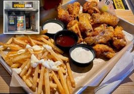 Composite shows a tray of chicken wings, french fries and sauces in ramekins. Inset is a photo of a grey storefront with banners reading 'BUFFALO WILD WINGS GO OPENING SOON.'