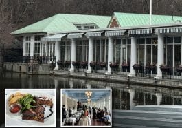 Composite shows the Central Park Boathouse on a lake. Inset are photos of a plate of food and the dining room.