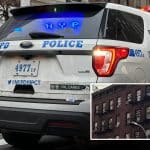 Composite shows an NYPD SUV with its emergency lights on. Inset is a photo of the top two floors of a brick apartment building.