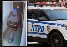 Composite shows an NYPD cruiser with its emergency lights on. Inset is a surveillance image of a burglar.