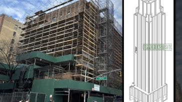 Composite shows a three-quarter view of a building undergoing demolition. Inset is a line drawing of a nearly 500-foot-tall ultra-luxury tower.