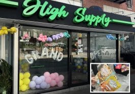 Composite shows an unlicensed cannabis dispensary with bright green signage reading ‘High Supply’ and pastel balloons. Inset is a photo of illicit products.