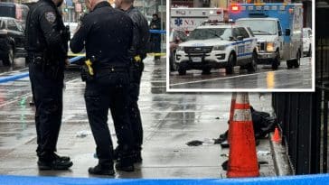 Composite shows three NYPD officers guarding a crime scene. Inset is a photo of an NYPD SUV and an ambulance.
