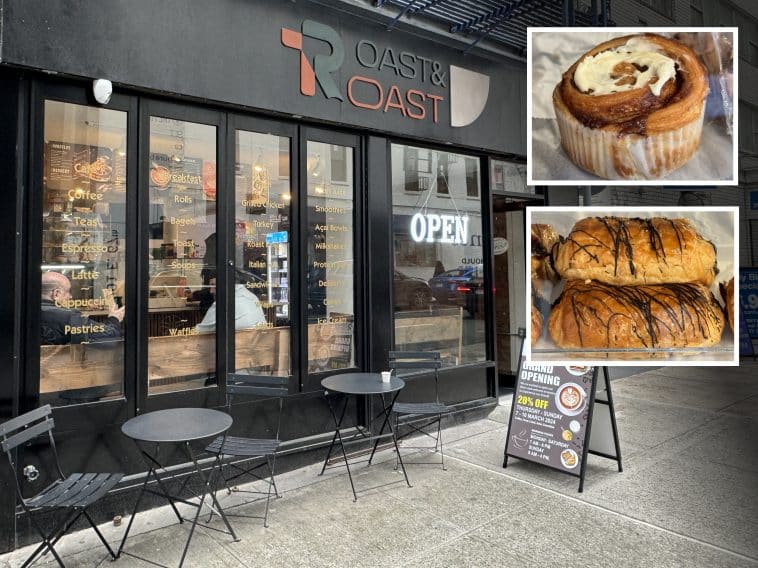 Composite shows a black storefront with a sign reading ‘Roast & Toast.’ Inset are photos of a cinnamon bun and pastries.
