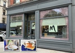 Composite shows a blue sushi restaurant with large signs with the letter M in the windows. Inset are photos of sushi.