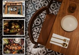 Composite shows an overhead view of a restaurant table setting. Inset are three photos of the exterior of a gold restaurant and two Thai dishes.