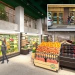 Composite shows a rendering of the produce section of a supermarket. Inset is a photo of an entrance to a supermarket with gold doors.