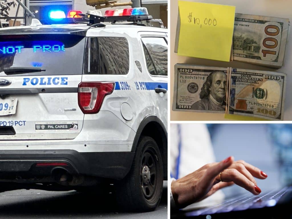 Composite shows stacks of hungered dollar bills, an NYPD SUV with its emergency lights on and a woman typing on a computer.