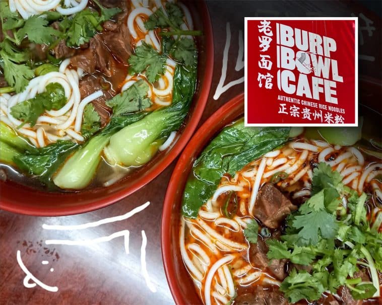 Composite shows overhead view of two red bowls filled with spicy beef noodle soup. Inset.’is a red and white sign for ‘Burp Bowl Cafe.'