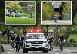 Composite shows a police SUV with emergency lights on driving with cyclists in Central Park. Inset photos show an anonymous woman running and people sitting by a pond.