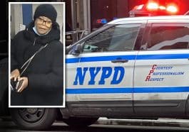 Composite shows an NYPD cruiser with its emergency lights on. Inset is a photo of a woman in a black parka and winter hat with glasses.