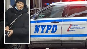 Composite shows an NYPD cruiser with its emergency lights on. Inset is a photo of a woman in a black parka and winter hat with glasses.