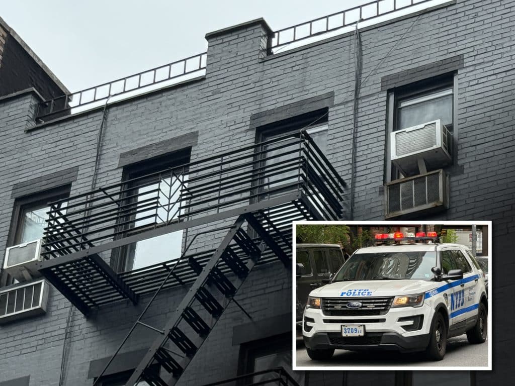 Composite shows the top floor of a dark grey walk up building. Inset is a photo of an NYPD SUV with its emergency lights on.