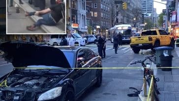 Composite shows a crash scene involving a black Mercedes and yellow pick-up truck. Inset is a photo of a man with a bloody head clutching his leg.