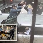 Composite shows a man in a denim jacket breaking up a fight between two parked cars. Inset is the same man on a stretcher with injuries to his legs.