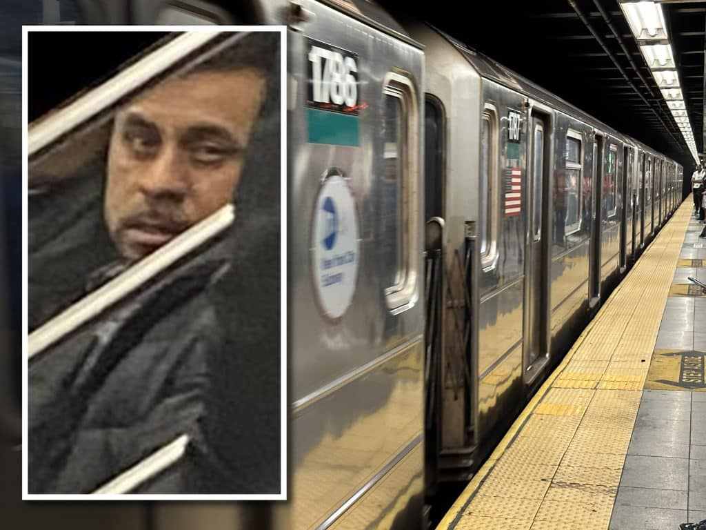 Composite shows a train in a subway station. Inset is a photo of a man staring at a camera from across a subway car.