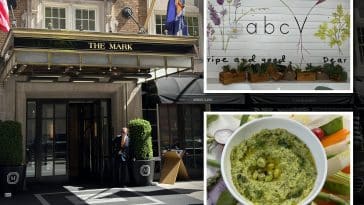 Composite shows the entrance of The Mark Hotel. Inset are photos of a wall painted with the logo for 'abcV' and a bowl of green hummus.