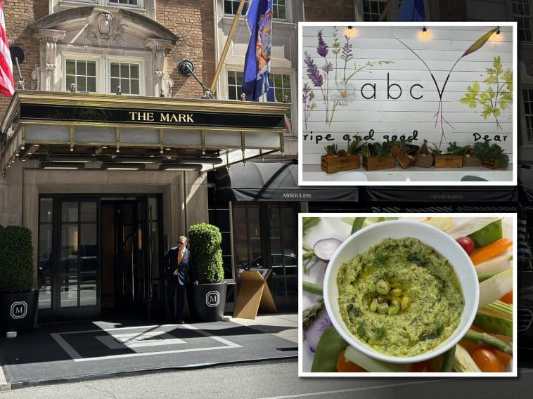 Composite shows the entrance of The Mark Hotel. Inset are photos of a wall painted with the logo for 'abcV' and a bowl of green hummus.