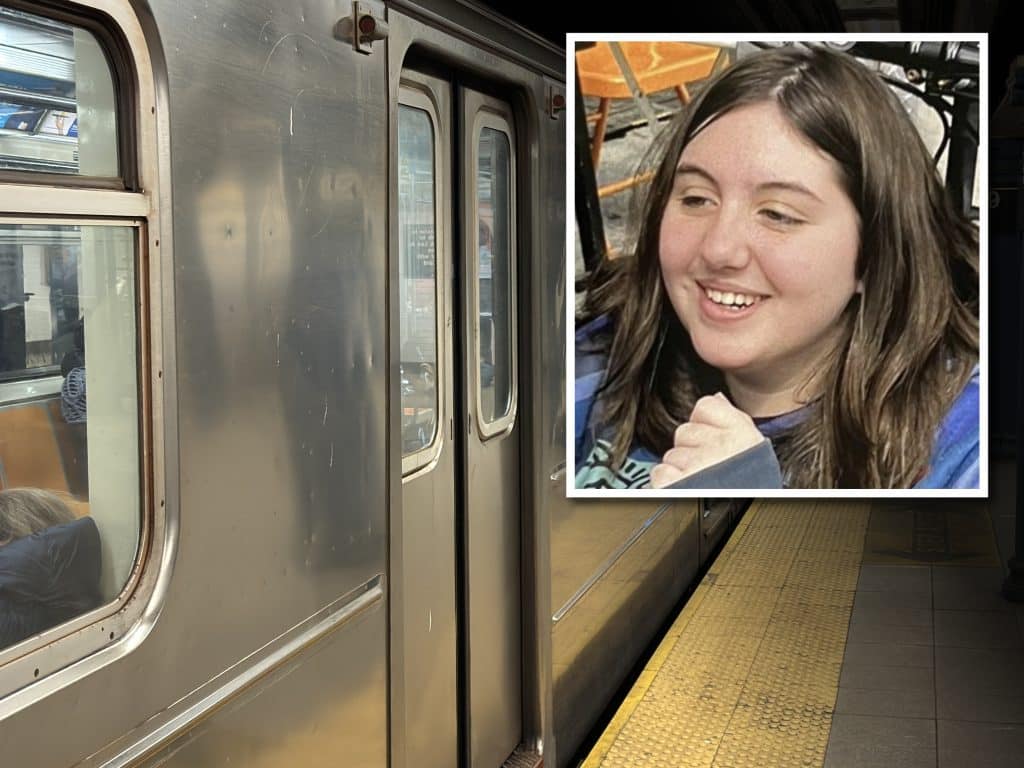 Composite shows a subway train. Inset is a photo of a 12-year-old girl with brown hair.