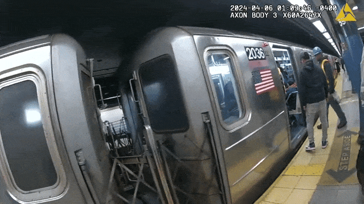 Video shows a woman whose face is obscured running after the man in blue inside a subway station.