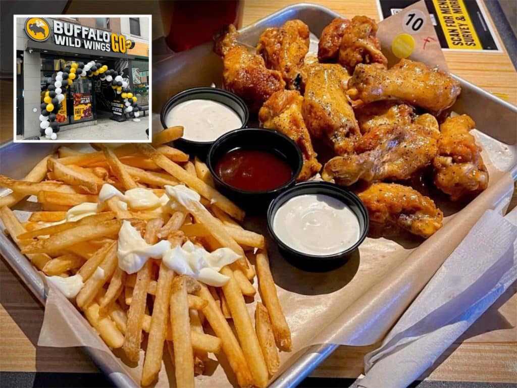 Composite shows a tray of chicken wings, french fries and sauces in ramekins. Inset is a photo of a Buffalo Wild Wings GO location.