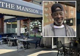 Photo shows the entrance to The Mansion diner. Inset is a photo of a older Black man smiling.