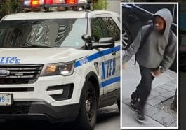Composite shows an NYPD SUV with its emergency lights on. Inset photo shows a man in a grey hoodie carrying a backpack.