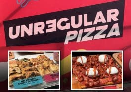 Composite shows a sign for Unregular Pizza. Inset are photos of pizza and stromboli.